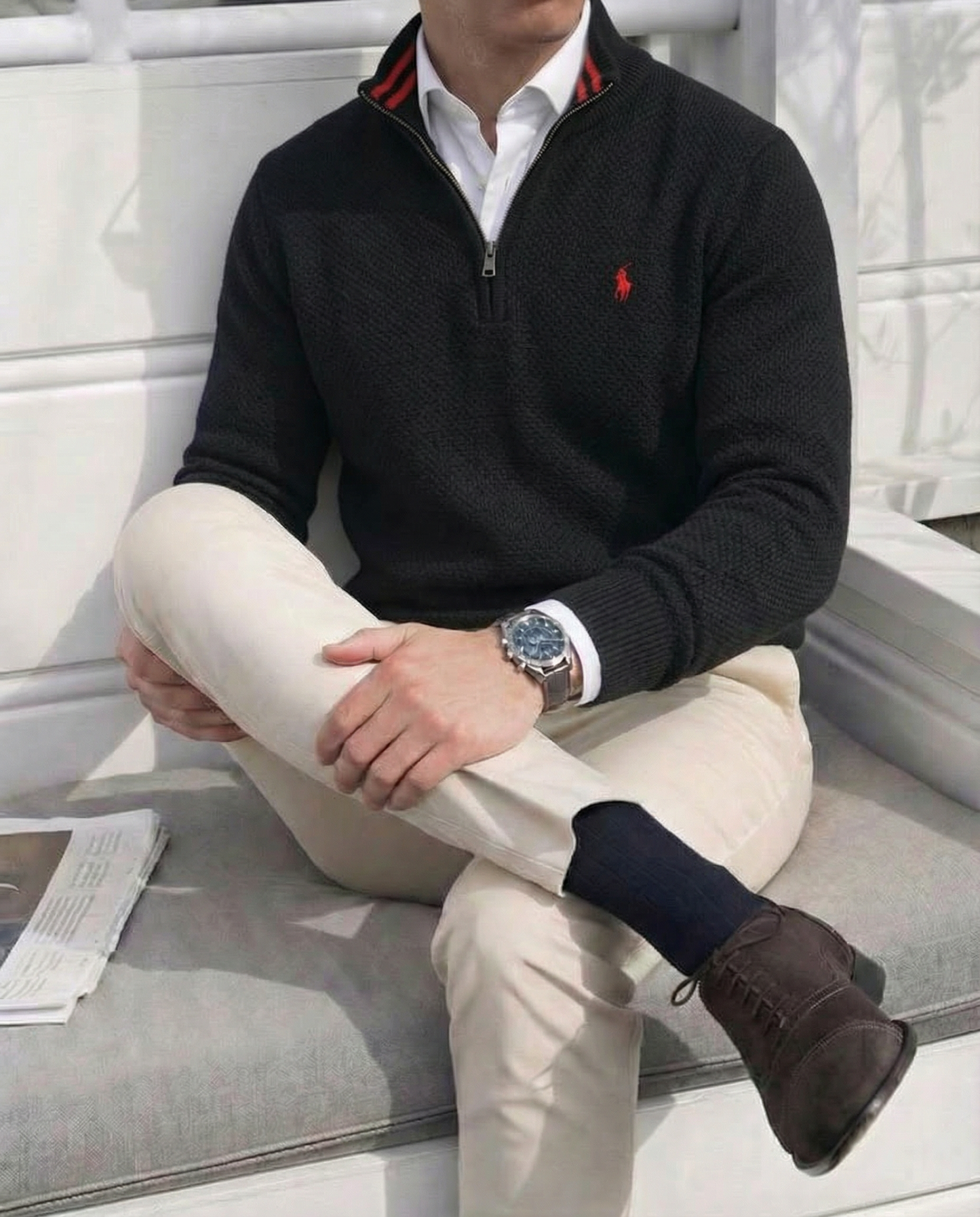 pull rl tricot pique demi-zip